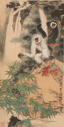 COLOR AND INK ON PAPER 'GIBBONS' PAINTING, TIAN SHIGUANG