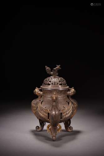 A SILVER GOLD INLAID 'PHOENIX' TRIPOD CENSER