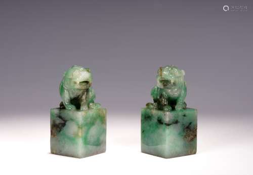 A PAIR OF JADEITE 'MYTHICAL BEASTS' SEALS