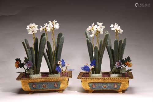 PAIR OF GILT BRONZE CLOISONNE HARDSTONE 'FLOWER' PLANTERS