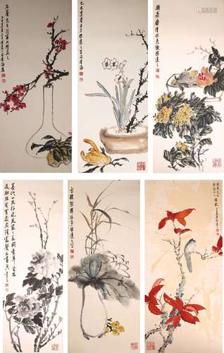 SET OF SIX 'FLOWERS & BIRDS' PAINTINGS, XU DAZHI