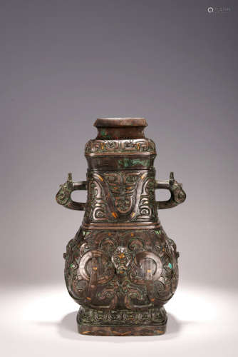 A CHINESE BRONZE SILVER AND GOLD INLAID FANGHU VASE