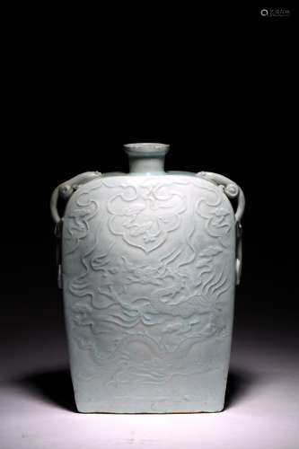 A PALE CELADON GLAZED 'DRAGON' MOULDED FLASK