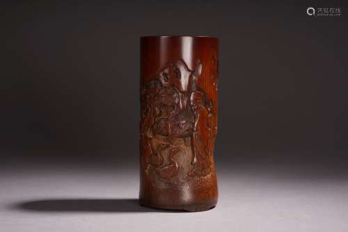 A CHINESE BAMBOO CARVED 'XIZHI AND GEESE' BRUSHPOT