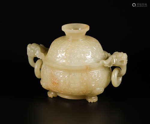 hetian jade censer with two ears from QIng清代和田玉双兽耳炉
