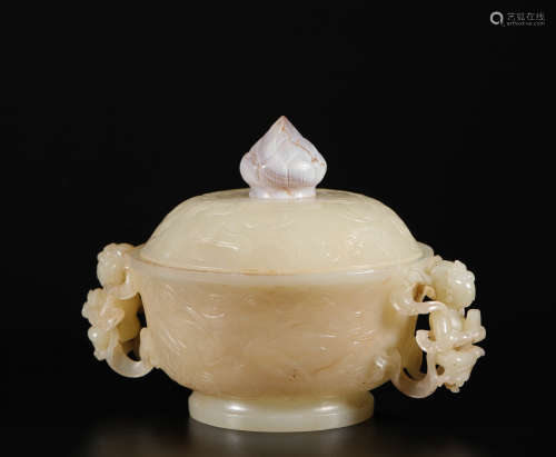 hetian jade bowl with tophus inlayed from Liao遼代和田玉鑲嵌瑪瑙頂供碗