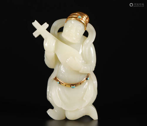 hetian jade character covered with gold leaf from Liao 辽代和田玉包金鑲嵌松石湖人奏乐