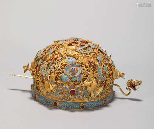 gold and blueing phoenix coronet from Qing清代純金燒藍鳳冠