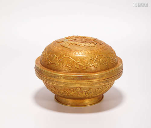 Gold Big Mouth Phoenix Top Container from Liao辽代纯金大嘴凤纹饰盖盒
