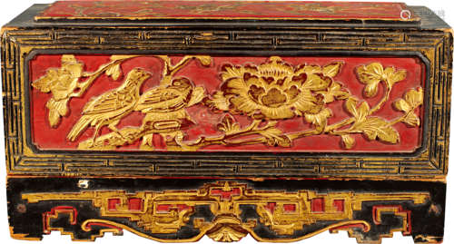 民国 朱红漆金木雕盒