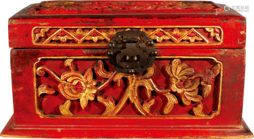 民国 朱红漆金木雕盒