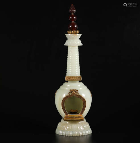 hetian jade, silver and gold buddhist relics tower from Qing清代和田玉銀鎏金舍利塔