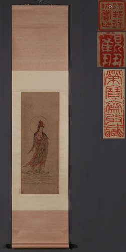 A GUANYIN BUDDHA PATTERN VERTICAL AXIS PAINTING