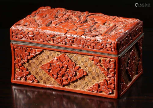 A RED LACQUER BOX CARVED WITH STORY PATTERN