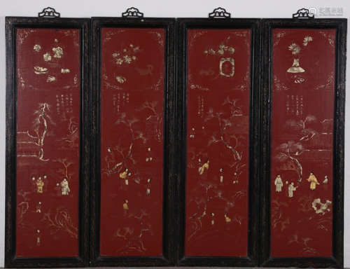 SET OF RED BASE WOOD SCREEN PAINTED WITH STORY&POETRY