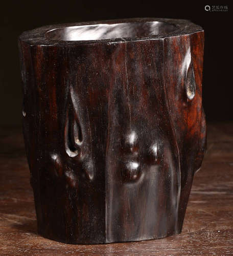 A ZITAN WOOD BRUSH POT NATURE SHAPED