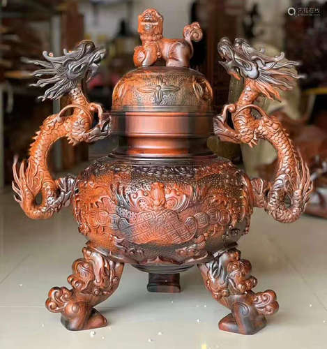 A SUANZHI WOOD CENSER WITH DRAGON EARS