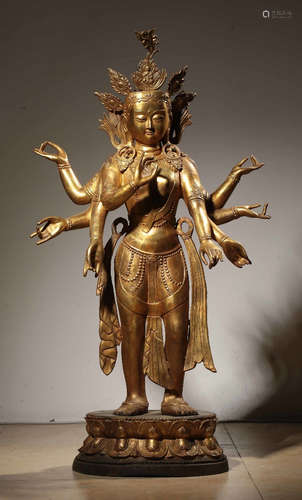 A GILT BRONZE GUANYIN BUDDHA STATUE