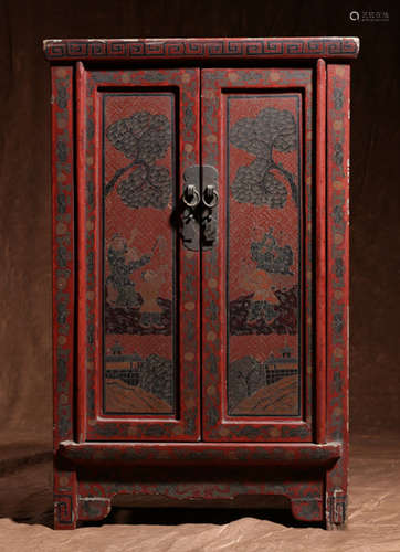 A LACQUER CABINET PAINTED WITH FIGURE PATTERN