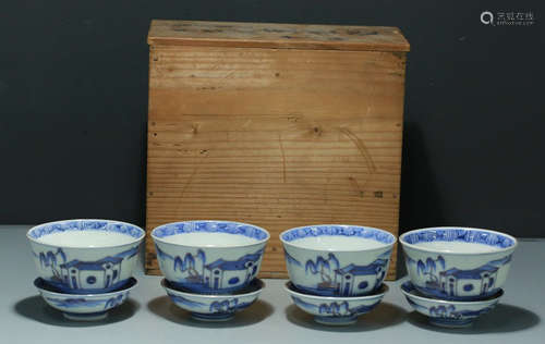 SET OF BLUE&WHITE GLAZE CUP PAINTED WITH LANDSCAPE