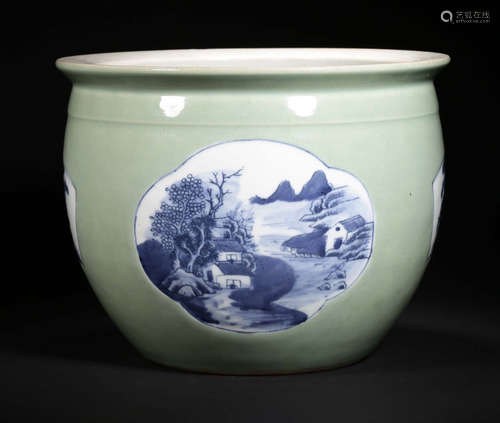 A BLUE&WHITE GLAZE JAR WITH LANDSCAPE PATTERN