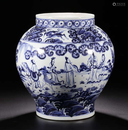 A BLUE&WHITE GLAZE JAR PAINTED WITH STORY PATTERN