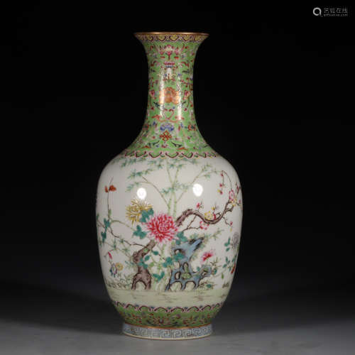 QIANLONG MARK, CHINESE GREEN GROUND FAMILLE ROSE VASE