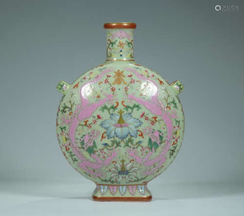 QIANLONG MARK, CHINESE GREEN GLAZED FAMILLE ROSE DRAGON MOONFLASK