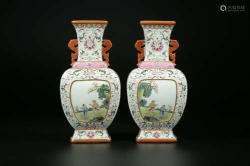 QIANLONG MARK, PAIR OF CHINESE FAMILLE ROSE VASE