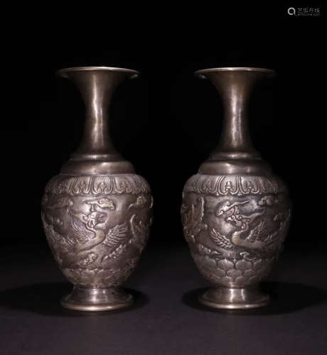PAIR OF CHINESE SILVER DRAGON VASE