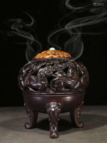 CHINESE CARVED ZITAN WOOD TRIPOD CENSER