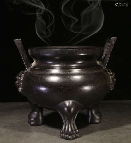 CHINESE CARVED WOOD TRIPOD CENSER