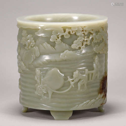 Qing Dynasty - Pale Green Hetian Jade Brush Holder