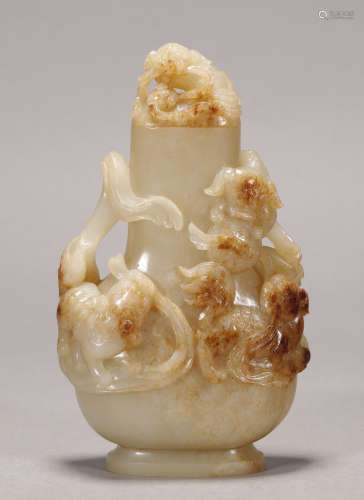 Qing Dynasty - Hetian Jade Lion Pattern Vase
