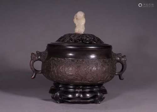 Double-Handled Bronze Censer with Jade Finial