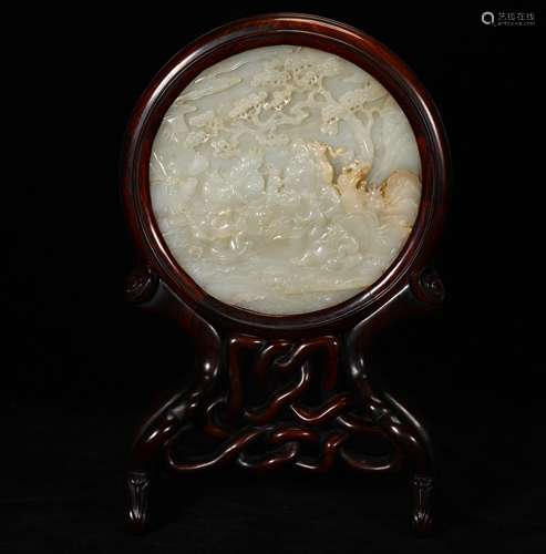 Fine Qing Dyn. Carved Hetian Jade Table Screen