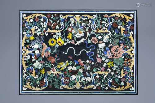 A rectangular Italian pietra dura table top with birds among blossoming branches, 20th C.