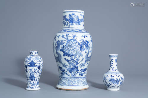 Three Chinese blue and white vases with different designs, 19th C.