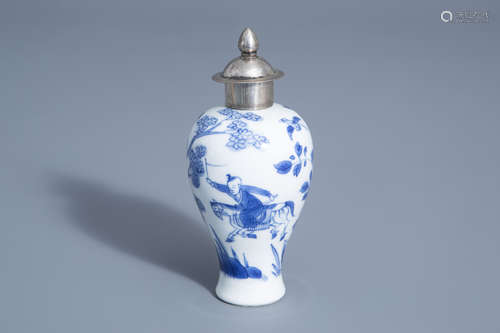 A Chinese blue and white silver mounted vase with figures in a landscape, Kangxi