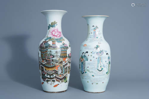 A Chinese qianjiang cai vase with antiquities design and a famille rose vase, 19th/20th C.