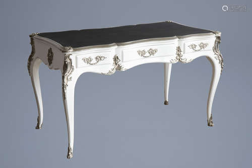 A white lacquered Louis XV style bureau plat writing table with leather top, France, 20th C.