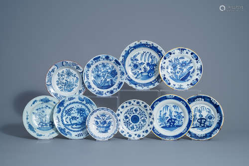 Ten Dutch Delft blue and white dishes and plates, 18th C.