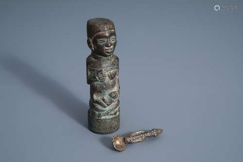 An African bronze group depicting mother and child and an Ashanti gold weight spoon, Ivory Coast and