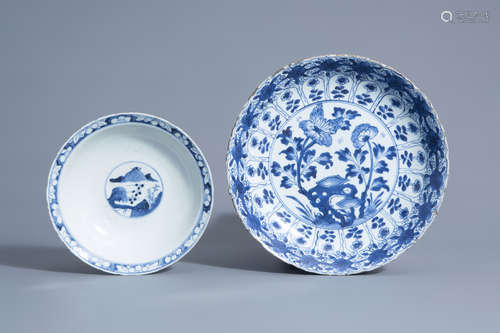 A Chinese blue and white dish and a bowl with different designs, Kangxi and 19th C.