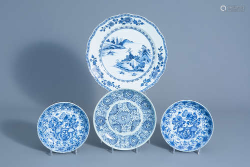 Four Chinese blue and white plates with floral design, Kangxi and later