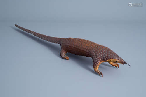 A stuffed specimen of a pangolin in a standing position, 20th C.