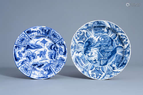 Two Dutch Delft blue and white chinoiserie dishes, 17th/18th C.