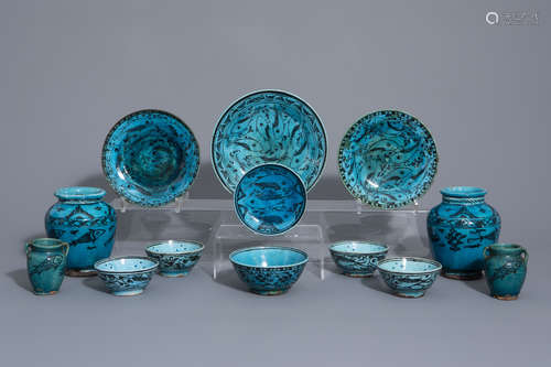 A large collection of Islamic turquoise ground pottery, probably Qajar, Iran, 19th/20th C.