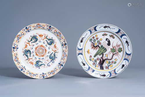 Two polychrome Dutch Delft dishes with a parrot and floral design, 18th C.