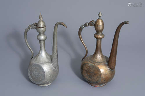 Two Islamic or Persian pewter and brass 'aftaba' ewers, 19th C.